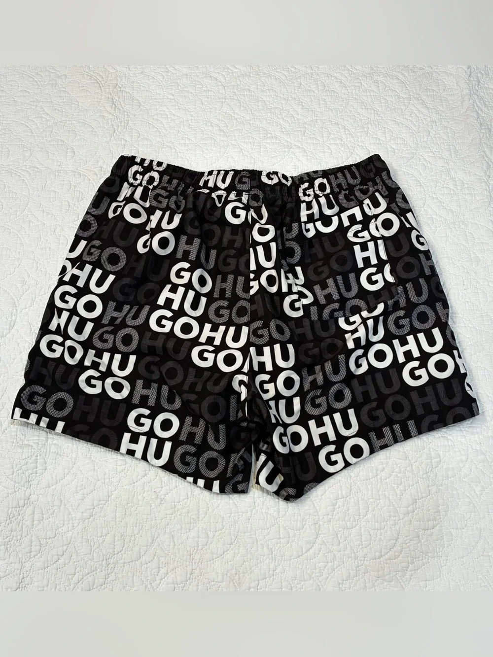 HUGO Boss Mens Swim Trunks Fame Allover Logo Print Board Shorts Black Red S